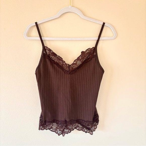 brown ribbed lace-trimmed cami - Picture 1 of 3